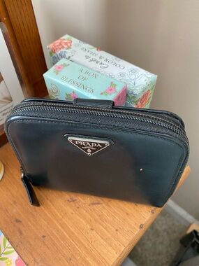 Prada Black Leather Woman/ Men's Zip-Around Wallet with Signature Triangle Logo